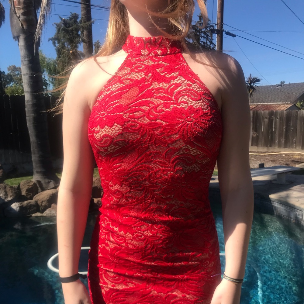 Red lace mini dress